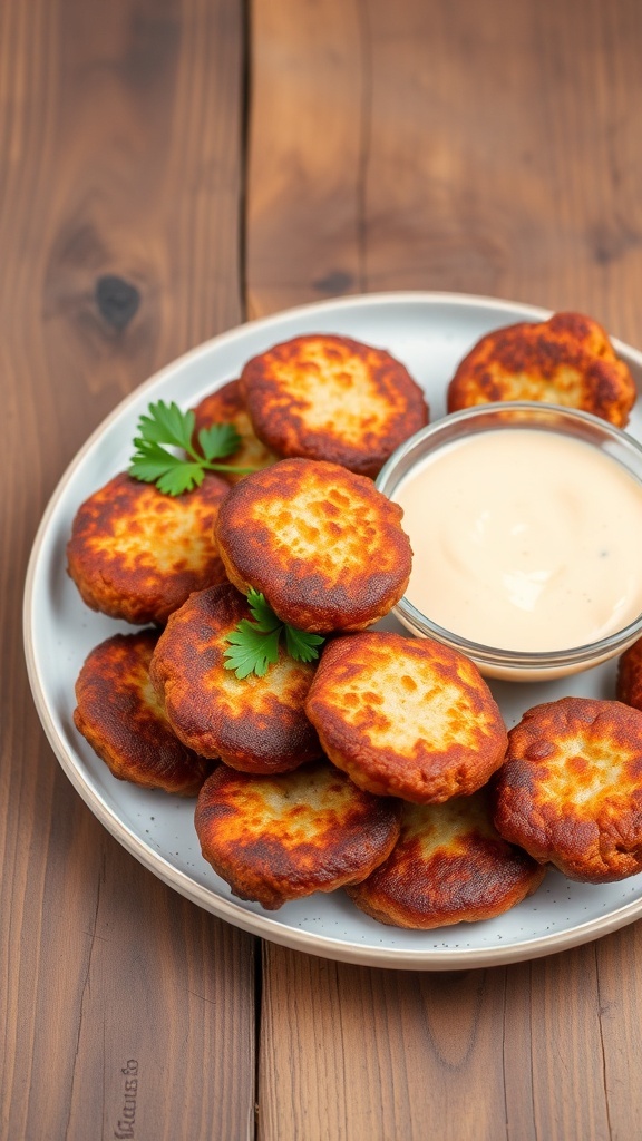 A plate of crispy ratties patties garnished with parsley, served with dipping sauce on a wooden table.